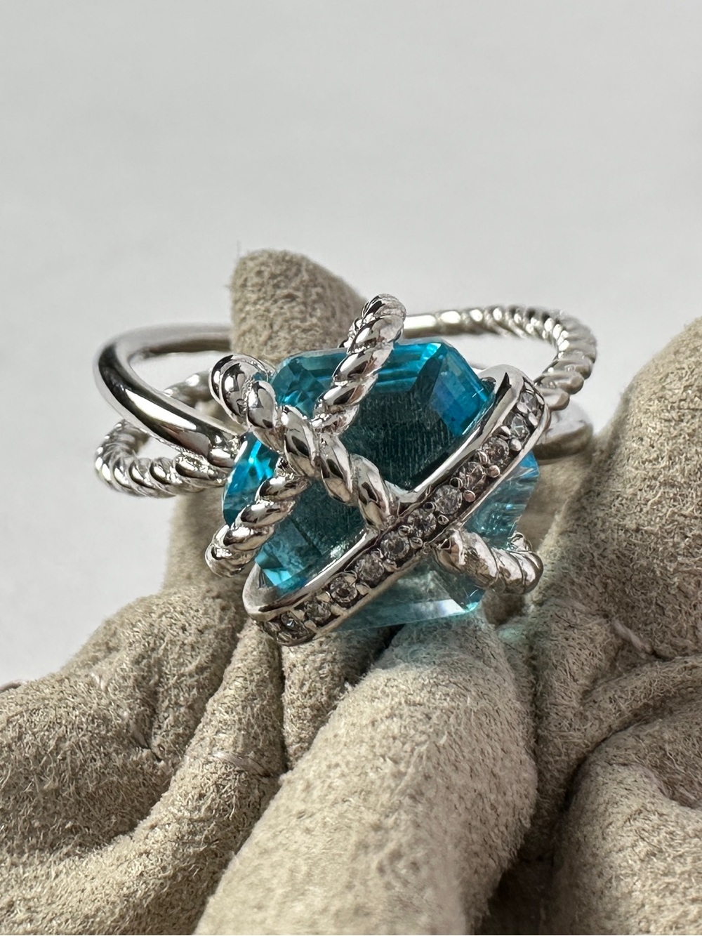 David Yurman Sterling Silver Blue Topaz Pave Cable Wrap Ring Size 8